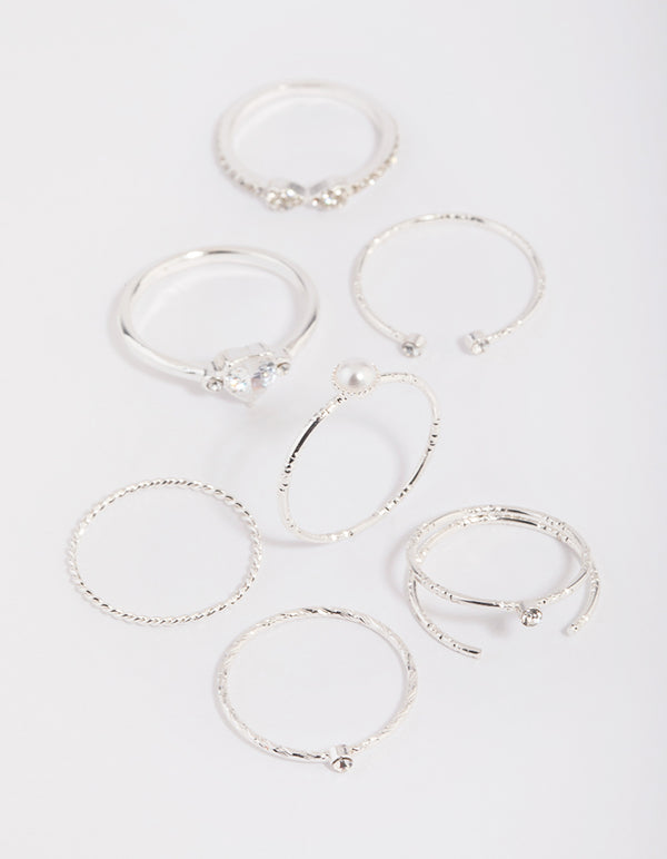 Silver Dainty Diamante & Pearl Ring Pack