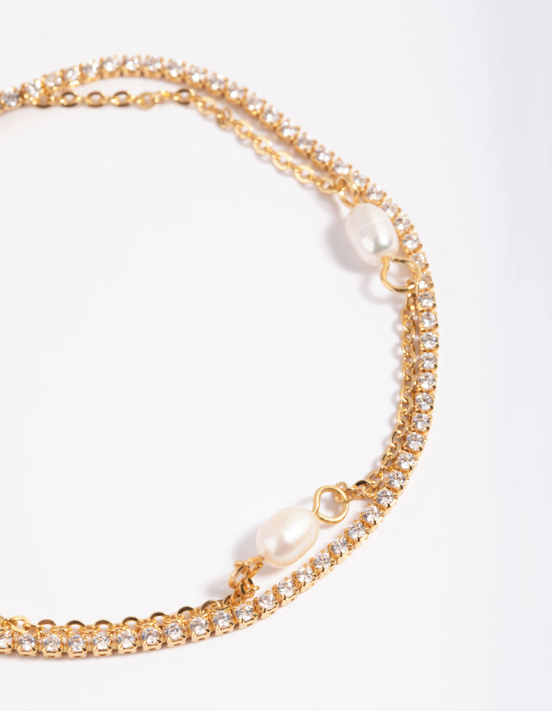 Gold Plated Cubic Zirconia & Pearl Bracelet