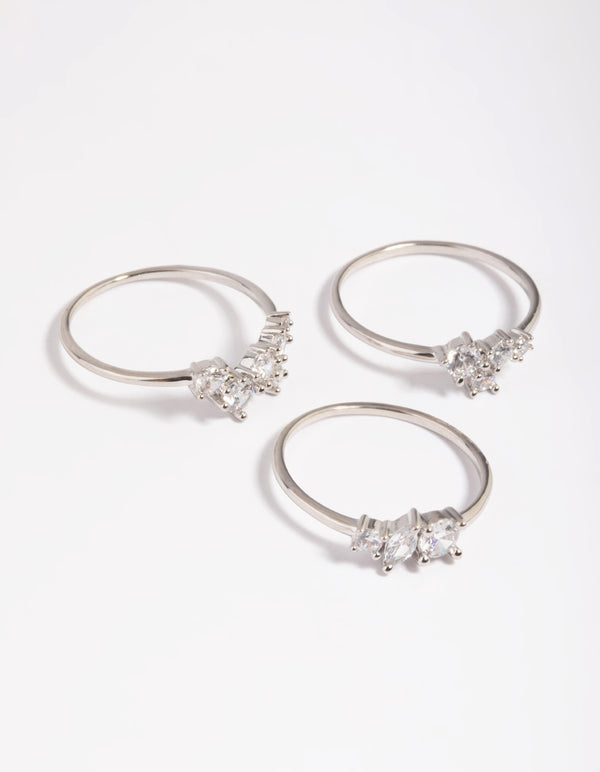 Rhodium Cubic Zirconia Cluster Ring Stack Pack