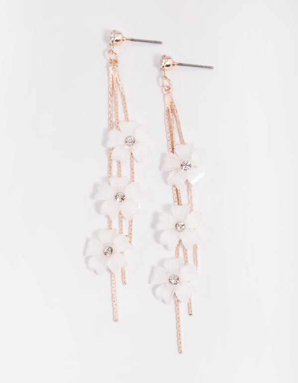 Rose Gold White Flower Drop Earrings