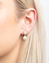 Gold Cubic Zirconia Flower & Pearl Drop Earrings - link has visual effect only