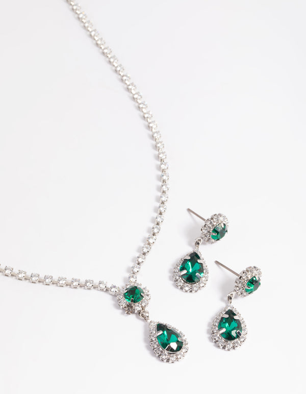 Silver Pear Pendant Necklace & Earrings Set