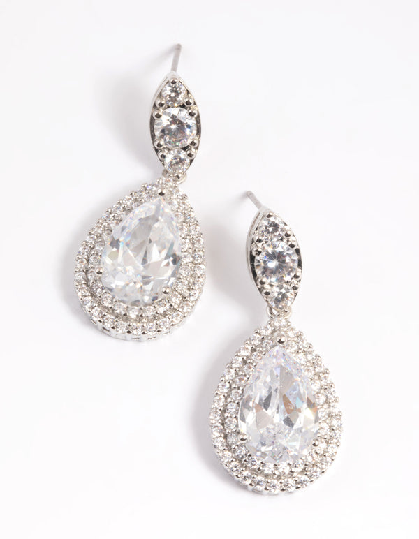 Silver Diamond Simulant Oval Halo Drop Earrings