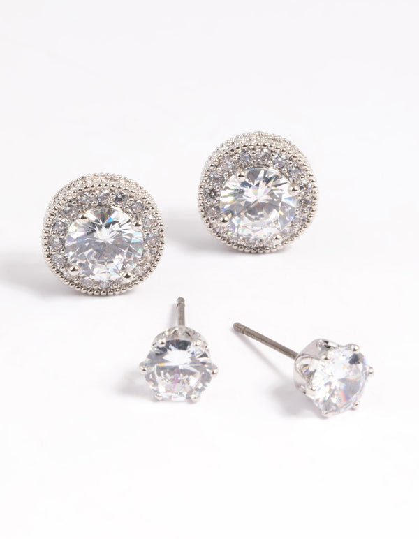 Rhodium Diamond Simulant Stud Earring Set