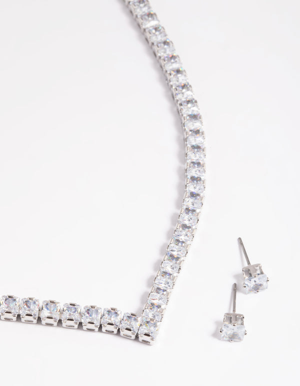 Silver Diamond Simulant Square Necklace & Earrings Set