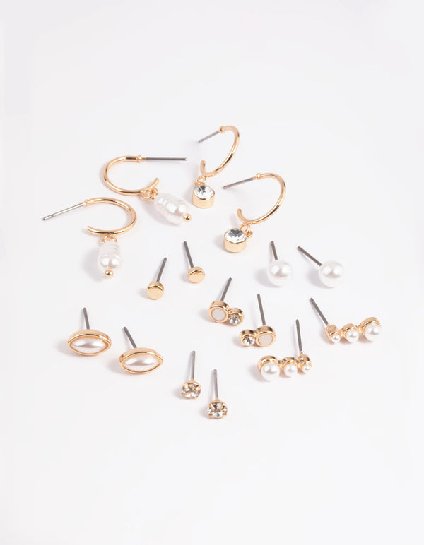 Gold Mixed Pearl Stud & Huggie Hoop Earring 8-Pack