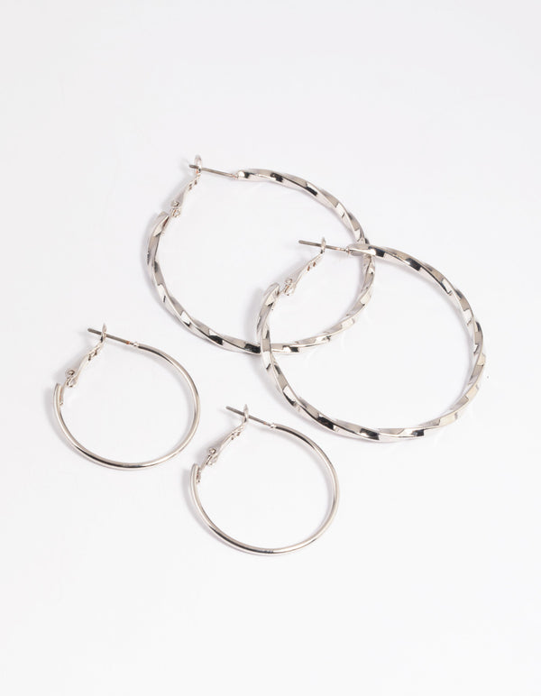 Rhodium Plain Text Hoop Earring Set