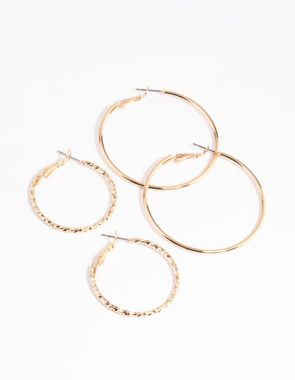 Gold Textured Hoop Earring Set