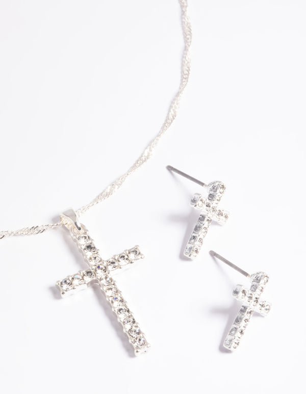 Silver Diamante Cross Necklace & Earrings Set