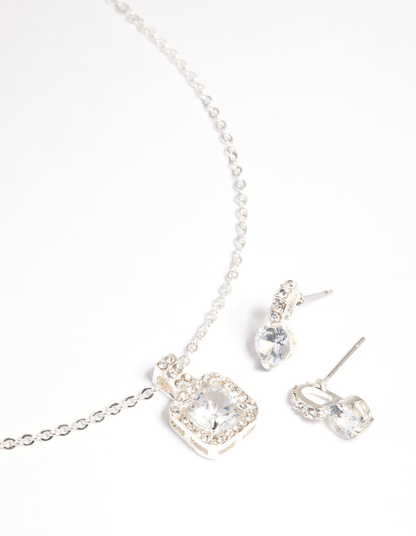 Silver Diamante Cushion Cut Necklace & Earrings Set