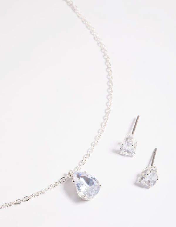 Silver Diamante Pear Necklace & Earrings Set