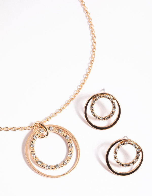 Gold Diamante Circle Necklace & Earrings Set