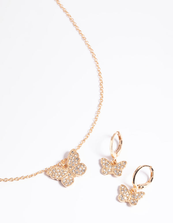 Gold Diamante Butterfly Necklace & Huggie Earrings Set