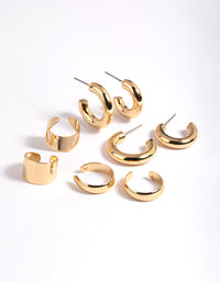 Gold Plated Cuff & Huggie Statement Earring Stack 4-Pack - link has visual effect only