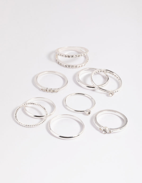 Silver Diamante Mixed Band Ring Stack Pack