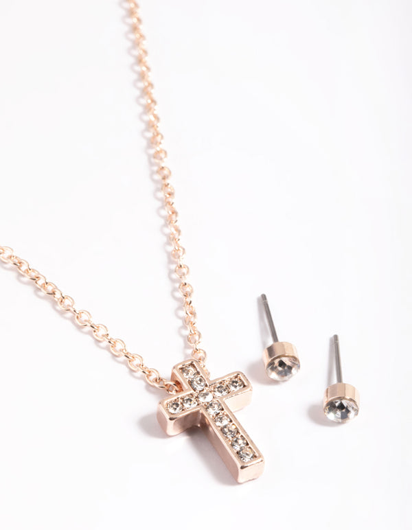 Rose Gold Cross Necklace & Stud Earrings