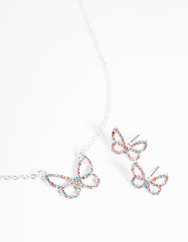 Silver Diamante Butterfly Necklace & Stud Earring Set