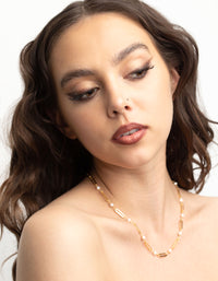 Gold Plated Freshwater Pearl Oval Chain Link Necklace - link has visual effect only