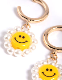 Gold Smiley Pearl Huggie Drop Earrings - link has visual effect only