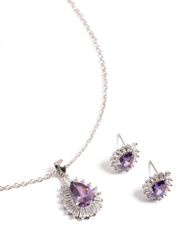 Diamond Simulant Silver Amethyst Teardrop Earring & Necklace