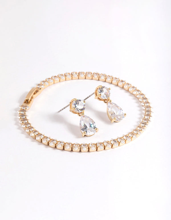 Gold Diamond Simulant Drop Earrings & Marquise Bracelet