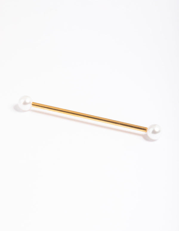 Gold Plated Titanium Faux Pearl Industrial Bar