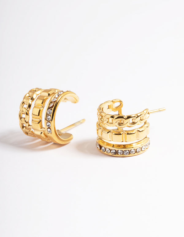 Gold Plated Triple Chain Hoop Earrings