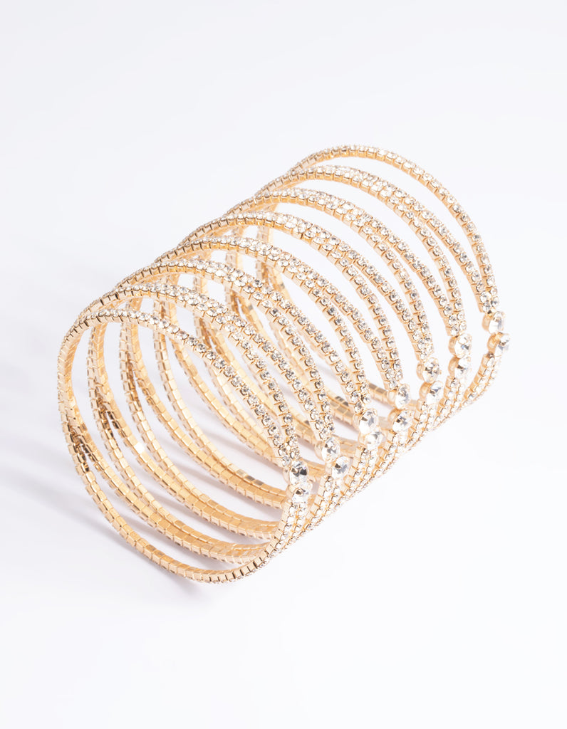 Gold Diamante Cross Over Eight Row Cuff Bracelet