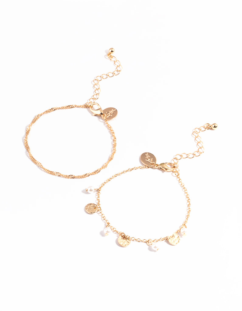 Gold Disc & Pearl Drop Pack Bracelet