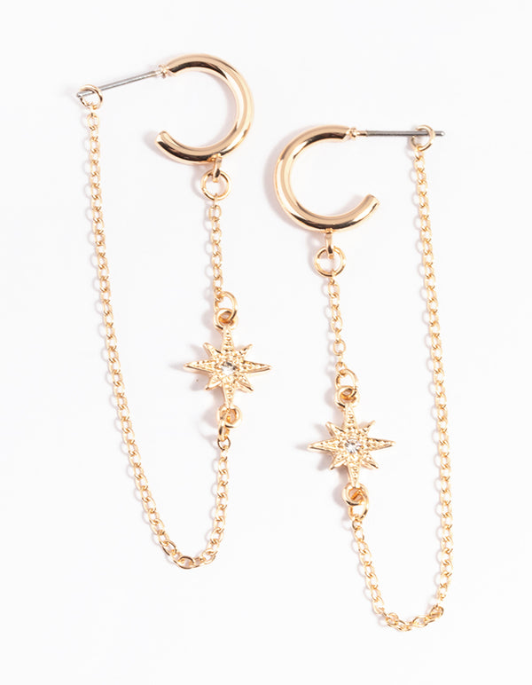 Gold Twist Chain Celestial Huggie Earrings