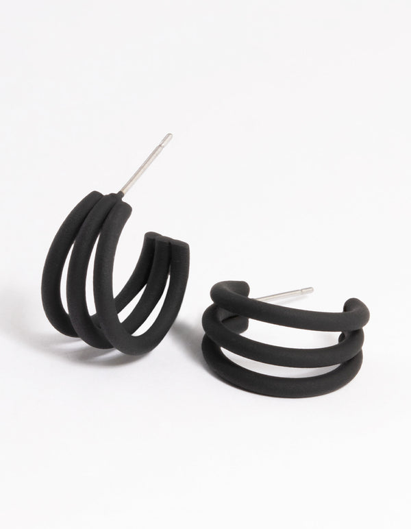 Black Triple Hoop Huggie Earrings