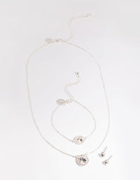 Silver Stone & Surrounded Necklace, Bracelet & Earrings Set - link has visual effect only