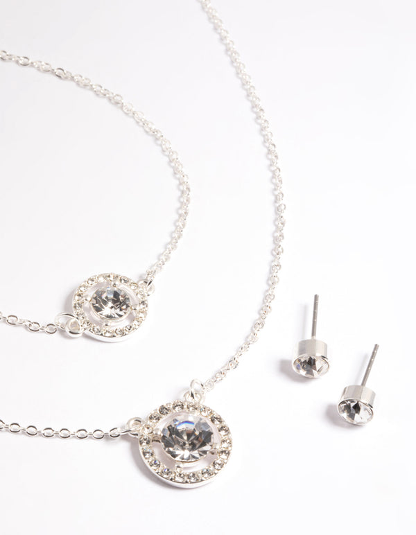 Silver Stone & Surrounded Necklace, Bracelet & Earrings Set