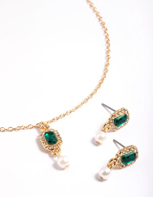 Gold Stone & Set Pearl Necklace & Earring Set