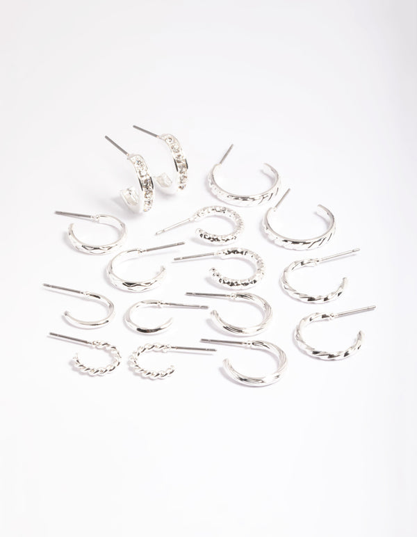 Silver Mixed Diamante Hoop Earrings 8-Pack