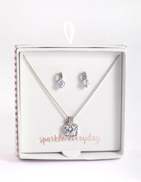 Rhodium Square Halo Necklace & Stud Earrings - link has visual effect only