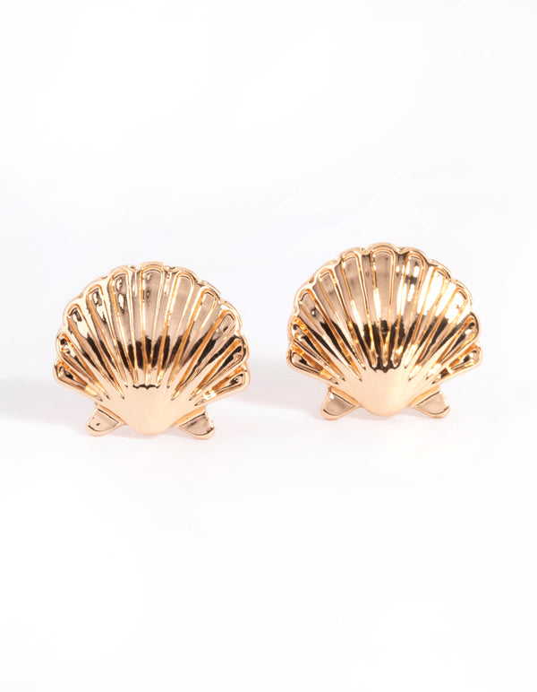 Gold Clam Shell Stud Earrings