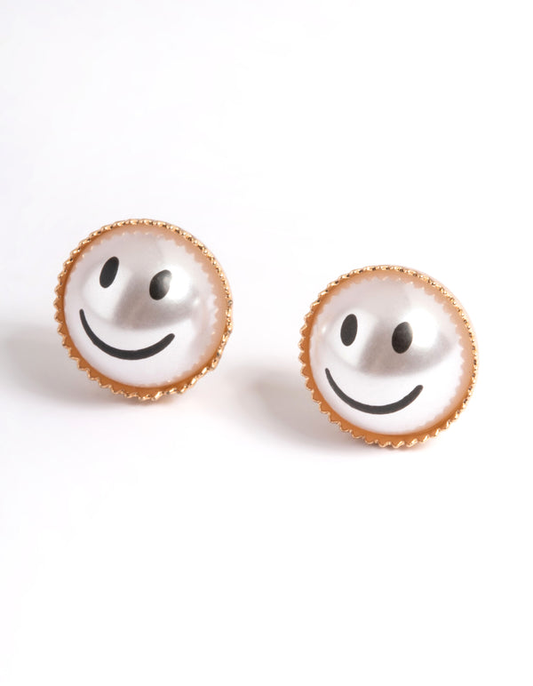 Gold Pearl Smiley Stud Earrings