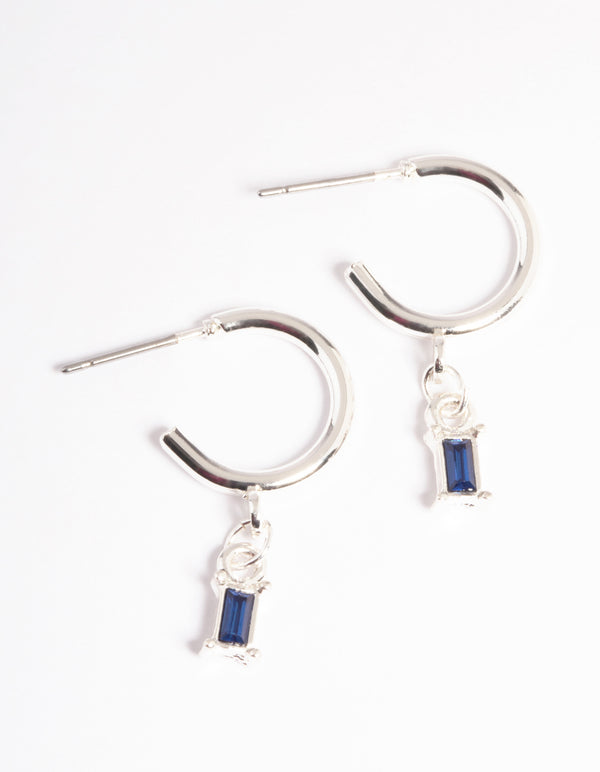 Silver Blue Stone Drop Huggie Earrings