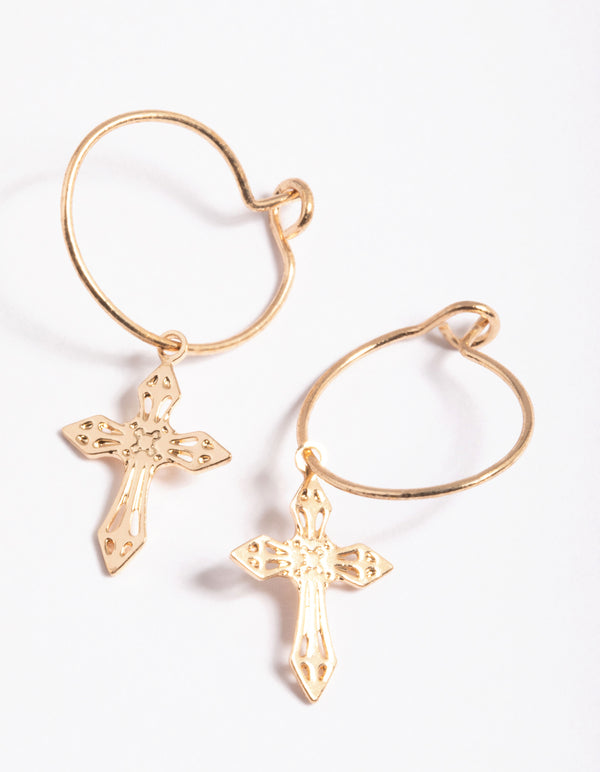 Gold Filigree Cross Hoop Earrings