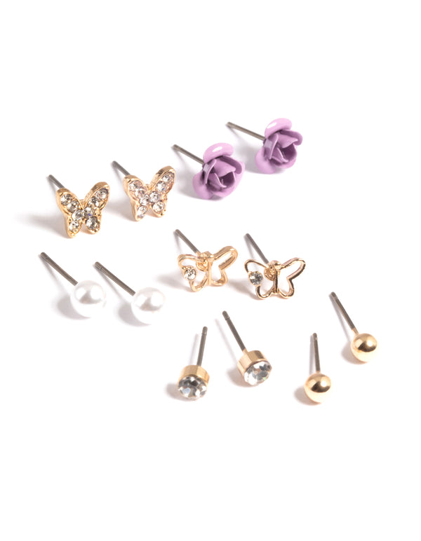 Kids Purple Pave Butterfly 6-Pack Stud Earrings