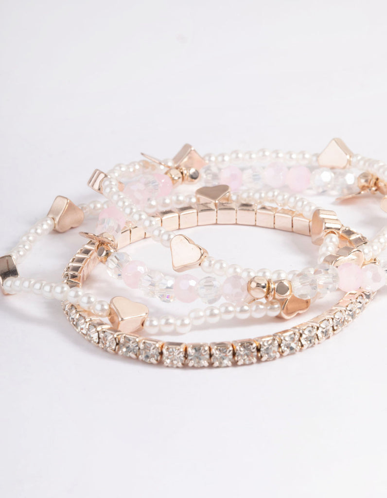 Kids Rose Gold Heart Diamante Stretch Bracelet 4-Pack