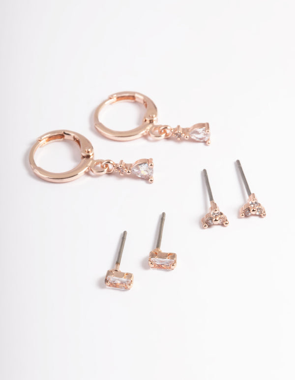 Rose Gold Plated Brass Crystal Pear Huggie Earrings 6-Pack