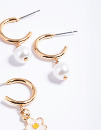 Gold Pearly Daisy Huggie Pack Earrings - link has visual effect only