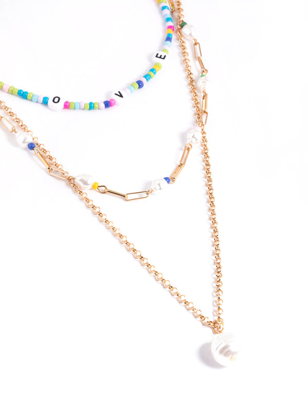 Gold 3 Row Love Mix Bead Pearl Necklace