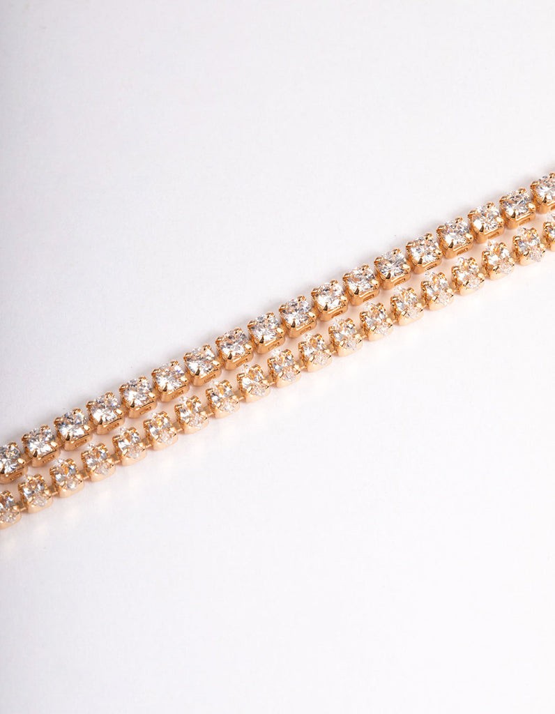 Gold Cubic Zirconia Mini Cupchain Double Row Tennis Bracelet