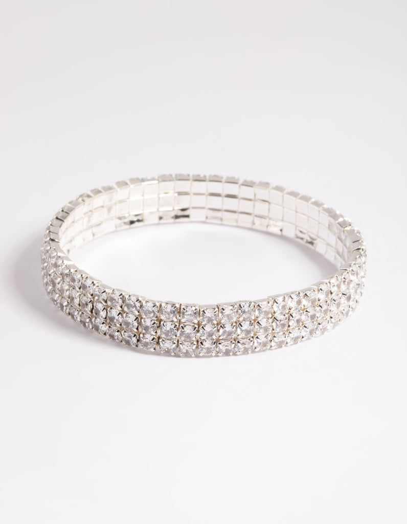 Silver Cubic Zirconia Diamante Stretch Triple Row Bracelet