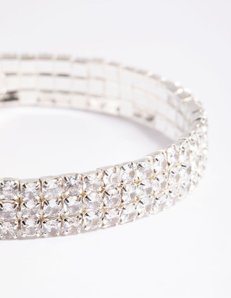 Silver Cubic Zirconia Diamante Stretch Triple Row Bracelet