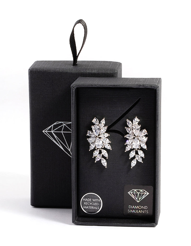 Rhodium Diamond Simulant Floral Drop Earrings