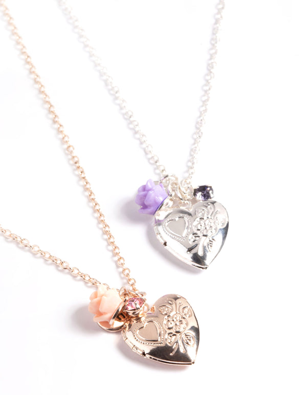 Kids Etched Heart Locket Necklace Pack